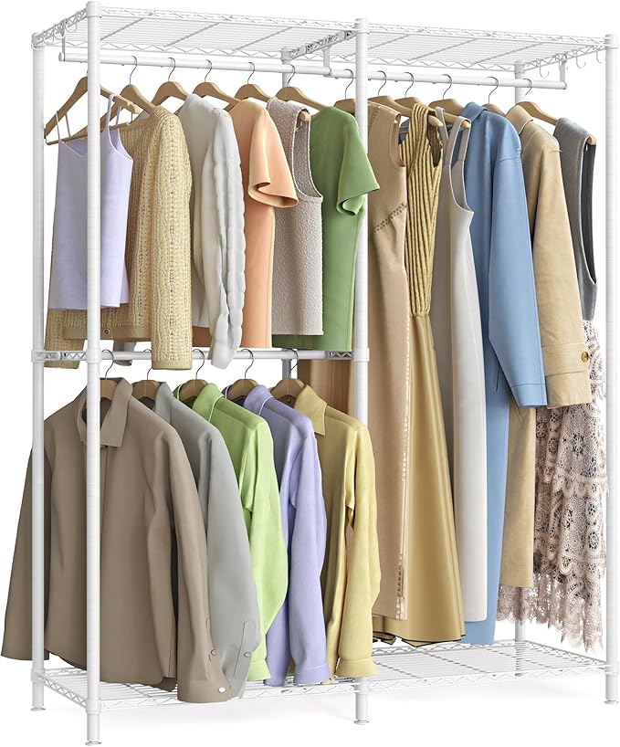 SONGMICS Clothes Rack, Freestanding Wardrobe Closet, Metal Clothing Racks, Heavy-Duty Garment Rack with Adjustable Shelves, Hanging Rods, Dividable, 15.8 x 47.2 x 70.9 Inches, Cloud White ULGR423W01