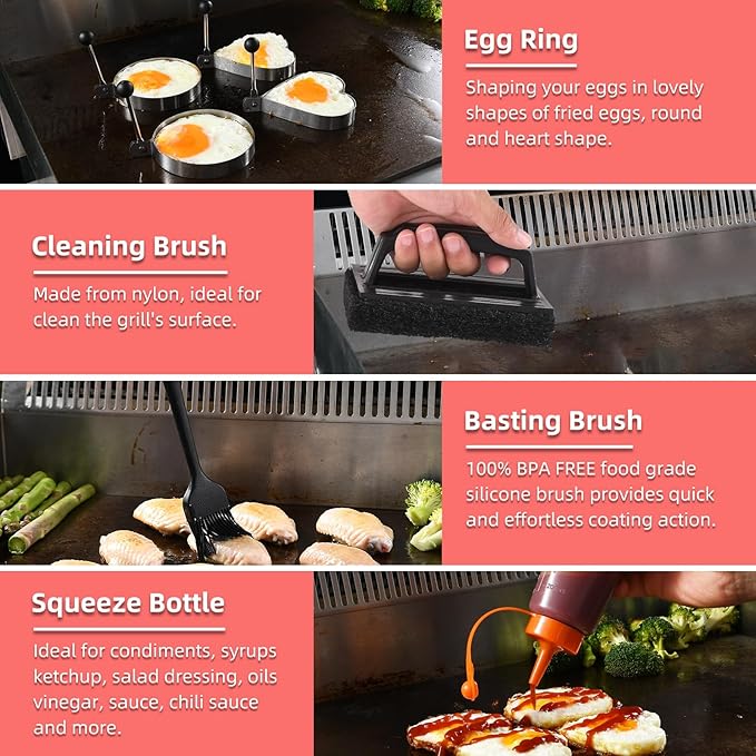 Griddle Accessories Kit, 28 Pcs Flat Top Grill Accessories Set for Blackstone, Professional Grill BBQ Spatula Set with Basting Cover, Spatula, Scraper, Bottle, Tongs, Egg Ring