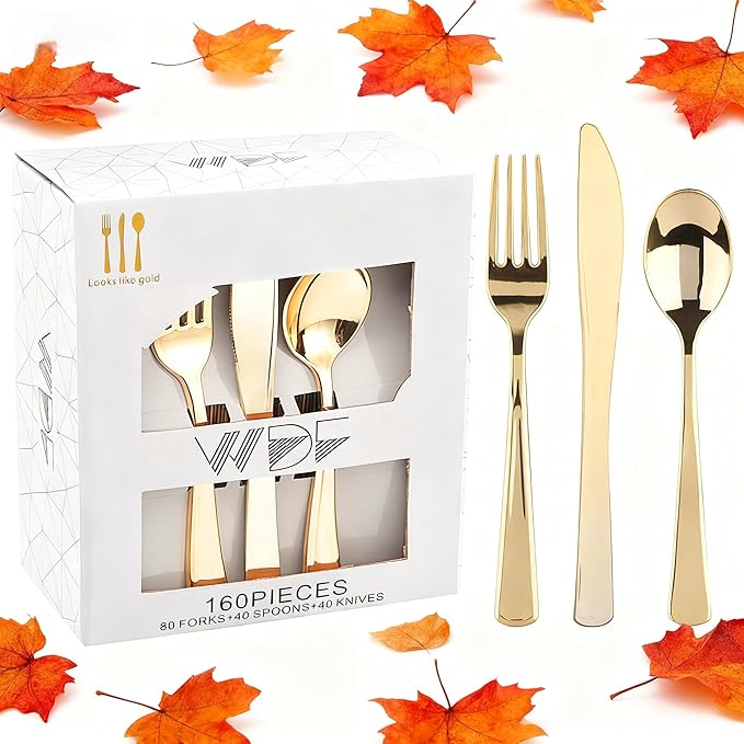 WDF 160 Piece Gold Plastic Silverware - Heavy Duty Gold Silverware Includes 80 Forks, 40 Spoons, 40 Knives, Plastic Utensils Perfect for Wedding, Thanksgiving Party