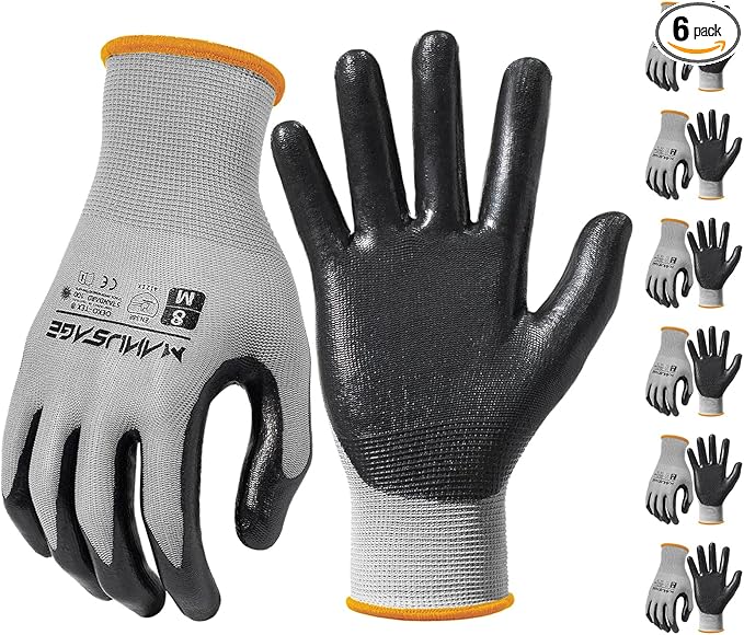 MANUSAGE Safety Work Gloves, Nitrile Work Gloves For Men and Women, Work Gloves With Touchscreen Fingers, Work Gloves men, Men's work gloves with grip,mechanics gloves (Size-L, Grey, 6 Pairs)