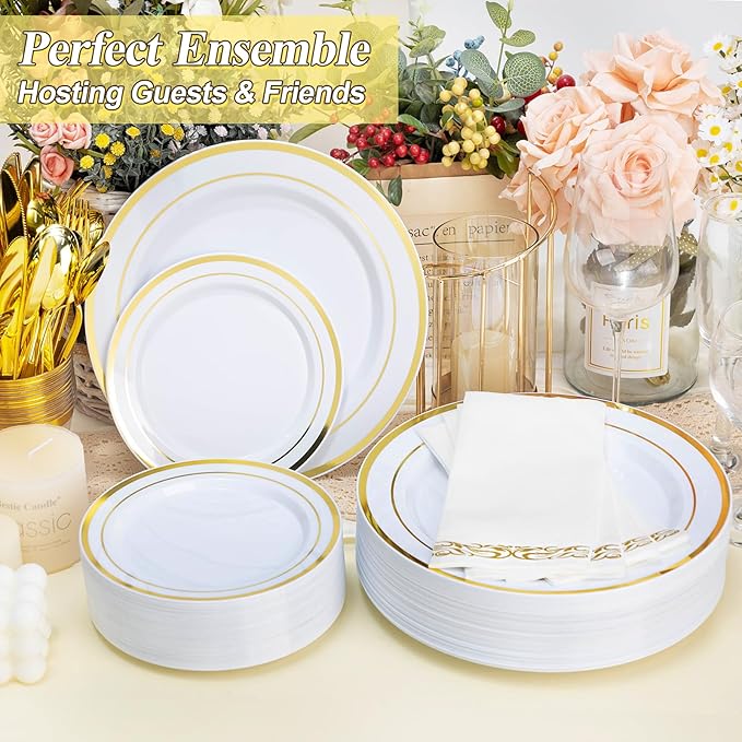 100PCS White Plastic Plates Set with Gold Rim, 50 10.25 inch Heavy Duty Dinner Plate and 50 7.5 inch Dessert Appetizer Plates, Premium Disposable Plates for Party, Wedding, Birthday