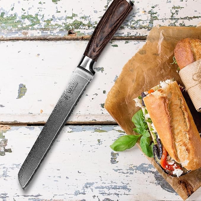 Wakoli Bread Knife, 7.9-inch Blade Damascus Chef Knife made from 67 Layers of Damascus Steel with VG10 Core, Sharp Kitchen Knives with Pakkawood Handle, Chefs Knife for Breads in Gift Box (EDIB)