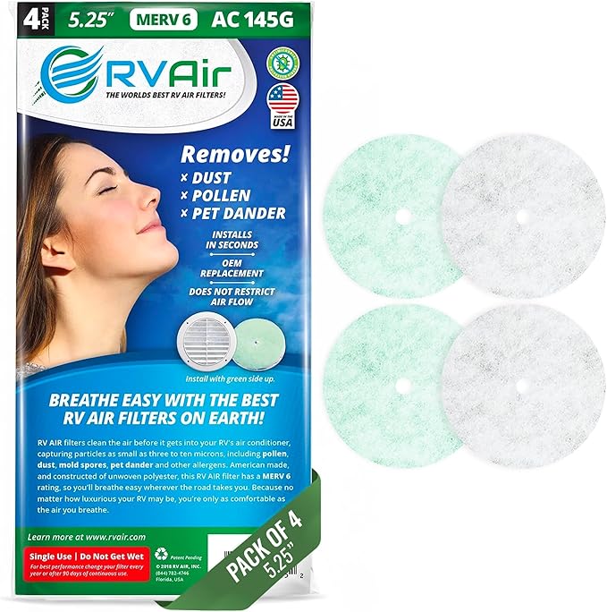 AC Filter - Air Conditioner Replacement Filters - RV Air Cleaner - Camper Accessories for Travel Trailers - Easy to Install Vent Filter - 5.25" round x 3/4" thick (4 Filters for AC 145G)