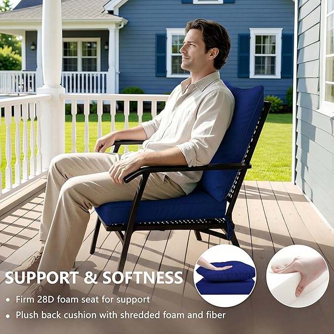 19x19 Inch Patio Chair Cushions Set of 4, Outdoor Furniture Cushions - Removable Cover, Water-Repellent, Fade-Resistant, Non-Slip Bottom & Straps, Replacement for Lawn, Porch & Deck Chair - Navy
