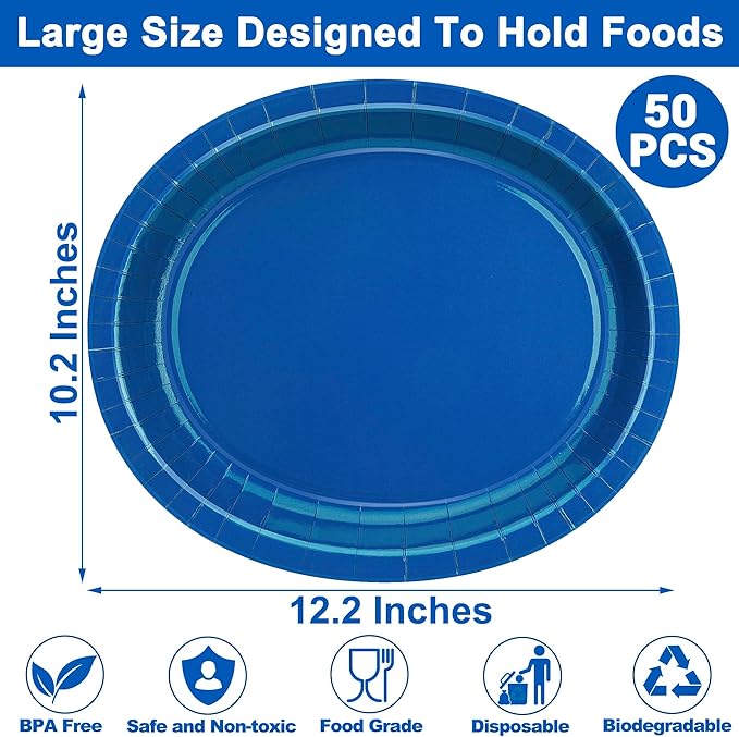 QZYL 50 Count Blue Oval Large Paper Plates, 12.2'' X 10.2'', Bulk Dinner Plates for Birthday, Picnic, Holiday, Camping, Barbecue, Baby Shower Parties