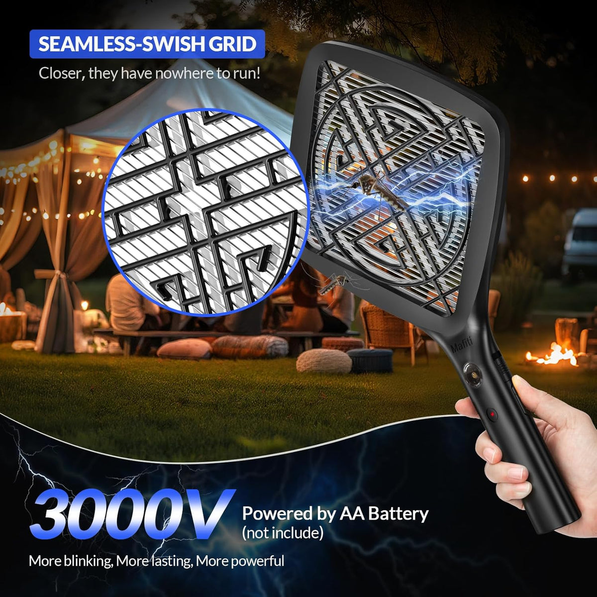 Mafiti Bug Zapper 3000V Ultra-Light Electric Fly Swatter with LED Light,Bug Zapper Indoor with Safety Grid for Home,Kitchen&Outdoor Camping-AA Battery Powered (not incl.)