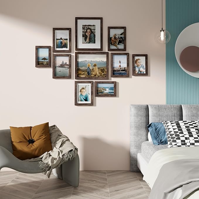 Vittanly 10 Pack Picture Frames Collage Wall Decor, Gallery Wall Frame Set for Wall or Tabletop Display, Engineered Wood and Shatter-resistant Plexiglass, Multi Sizes with 8x10, 5x7, 4x6 Frames, Brown