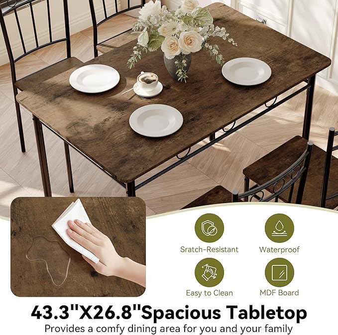 5 Piece Dining Table Set, Wood Kitchen Table and Chairs for Small Space,Breakfast Nook,Easy Assembly,Brown