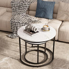 aboxoo Round Nesting Coffee Table Side Table Set of 2 End Tables for Living Room Bedroom Balcony, White Faux Marble Wooden Table Accent Coffee Table with Black Steel Frame