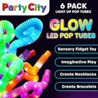 Party City 6pk LED Light Up Pop Tubes 25”- 3 Mode Stretchy Tubes LED Light Up Toys Bulk Glow Sticks Party Favors for Kids Necklaces Bracelets Neon Glow in the Dark Supplies Fidget Sensory Tube Pack