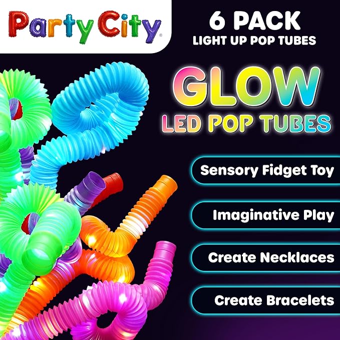 Party City 6pk LED Light Up Pop Tubes 25”- 3 Mode Stretchy Tubes LED Light Up Toys Bulk Glow Sticks Party Favors for Kids Necklaces Bracelets Neon Glow in the Dark Supplies Fidget Sensory Tube Pack