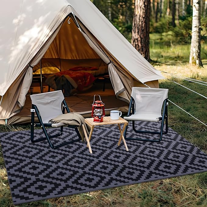 OLANLY Waterproof Outdoor Rug 4x6 ft, Outdoor Plastic Straw Rug for Camping, RV Mat Outside, Indoor Outdoor Carpet for Porch, Deck, Backyard, Balcony, Picnic, Black & Grey