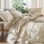 MooMee Bedding Duvet Cover Set 100% Washed Cotton Linen Like Textured Breathable Durable Soft Comfy (Heathered Almond Milk Grey, Cal King 104"x98")