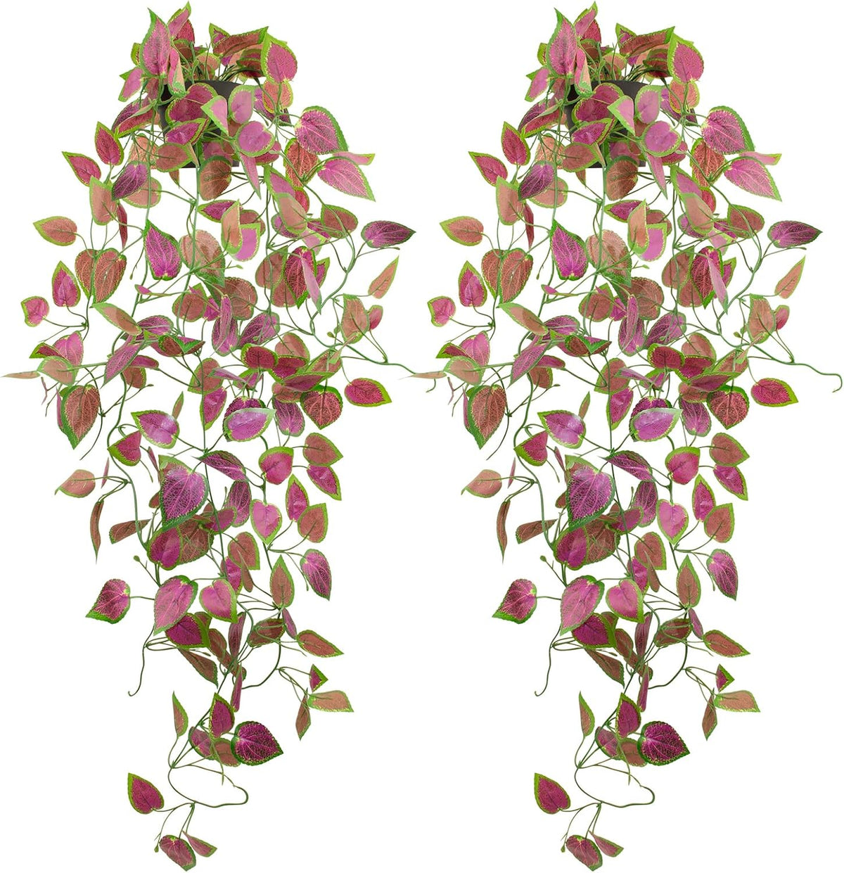 LOYWREE 2 Pack Artificial Purple Ivy Hanging Vine Plants - Small Potted Long Trailing Cascading Foliage, Gothic Home Decor for Indoor/Outdoor, Office, Garden & Shelf (Black Pot Included)