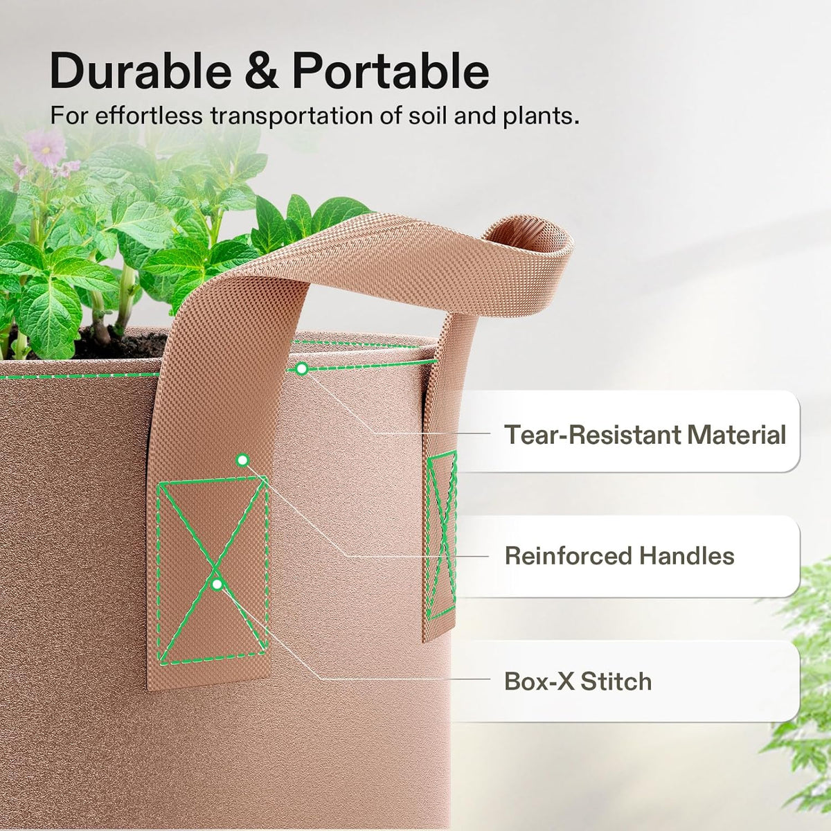 VIVOSUN 5-Pack 2 Gallons Grow Bags Heavy Duty Thickened Nonwoven Fabric Pots with Strap Handles Tan