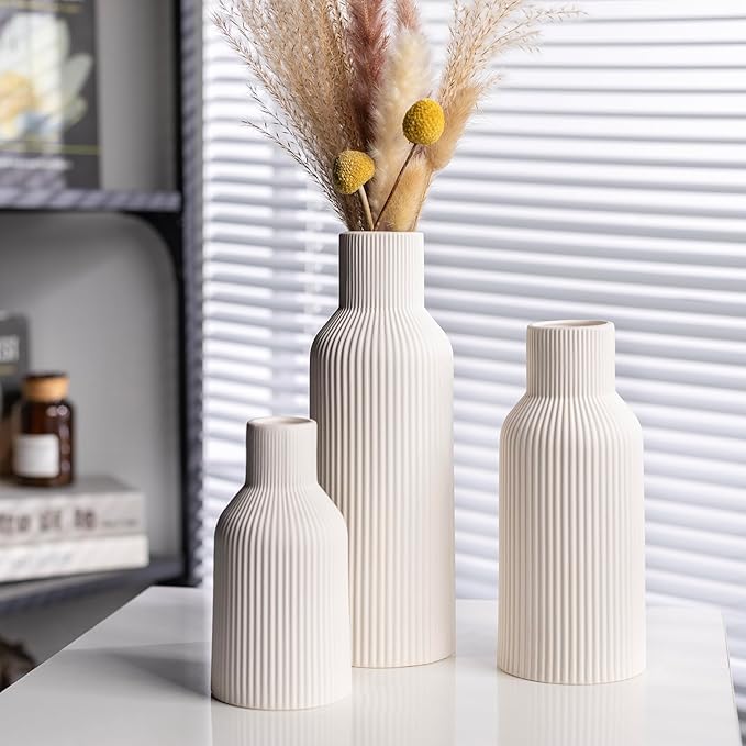 White Ceramic Vases Set of 3, White Ribbed Decorative Vases - Table Centerpieces for Wedding, Living Room, Office & Shelf Decor