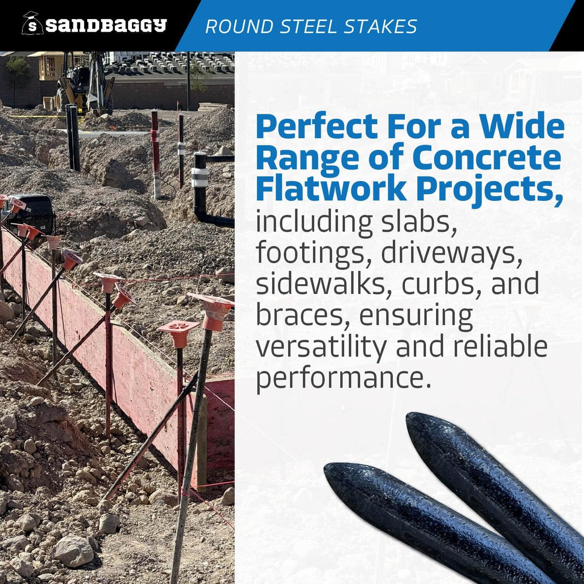 Sandbaggy Round Steel Concrete Form Stakes with Nail Holes - Rust Resistant Coating - Removable, Reusable (20, 3/4 in X 36 in)