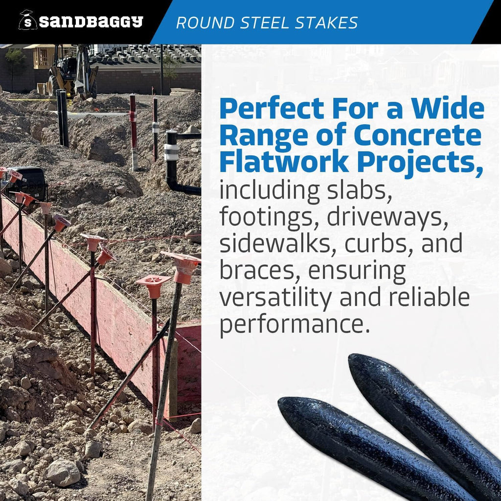 Sandbaggy Round Steel Concrete Form Stakes with Nail Holes - Rust Resistant Coating - Removable, Reusable (1000, 3/4 in X 36 in)
