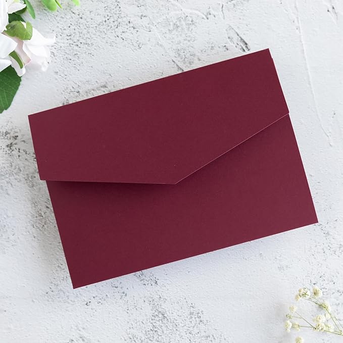 20 PCS Burgundy Tri-fold Laser Cut Wedding Invitation Pockets for 5x7 Wedding Cards Bridal Shower Engagement Quinceanera Invitation