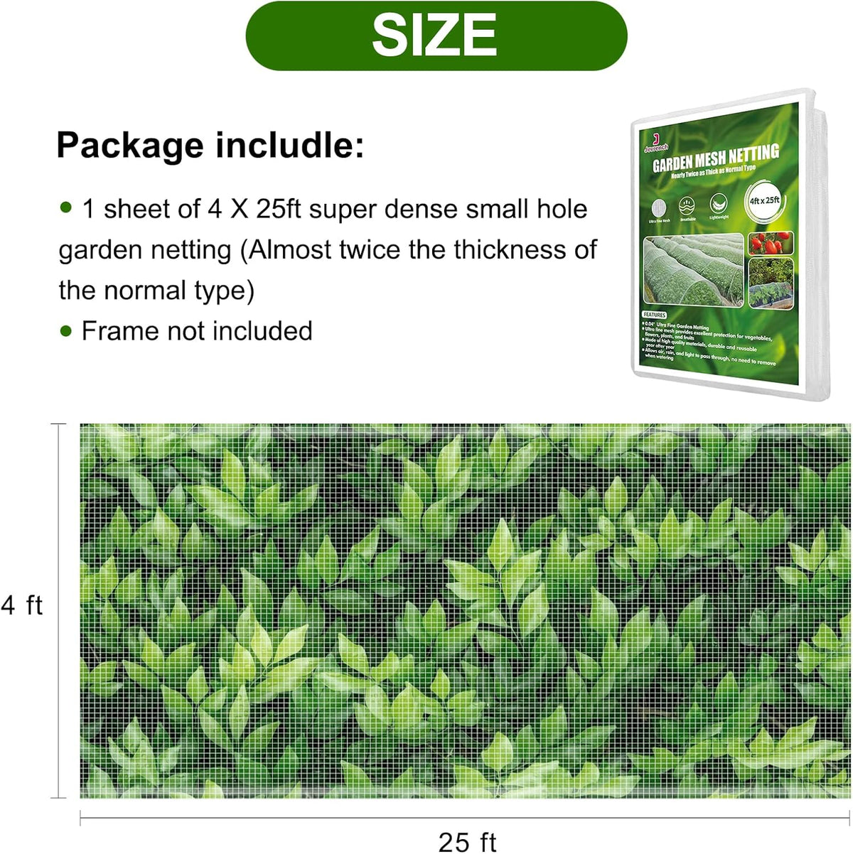Garden Netting, Jevrench Durable Ultra Fine Garden Netting, Garden Plant Cover Row Cover Makes Plants, Vegetables, Fruits, and Flowers Grow Better (4ft x 25ft)