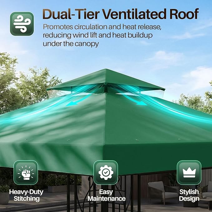 Flexzion 8x8 Gazebo Canopy Replacement Top Waterproof Cover - Outdoor Gazebo Canopy Cover - Double Tier UV30 Cover for Canopies, Garden, Patio, Yard Tent (Green)