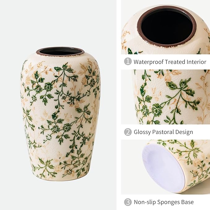 Vintage Pastoral Green and Beige Flower Vase, Ceramic Floral Vases, Retro Ice Cracked Chinoiserie Vase for Home Cottage Core Decor, Bookshelf, Office, Mantel, Wedding Rustic Table Centerpiece 8.5 Inch