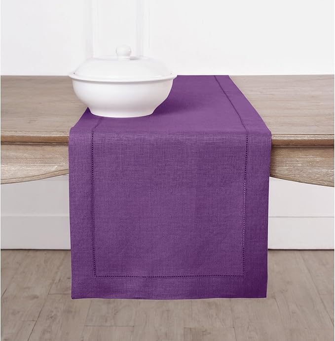 Solino Home Linen Purple Table Runner 36 Inches - Classic Hemstitch, 100% Pure Linen Coffee Table Runner 14 x 36 Inch Ideal for Dresser Tables - Fall, Autumn, Halloween, Thanksgiving, Holiday