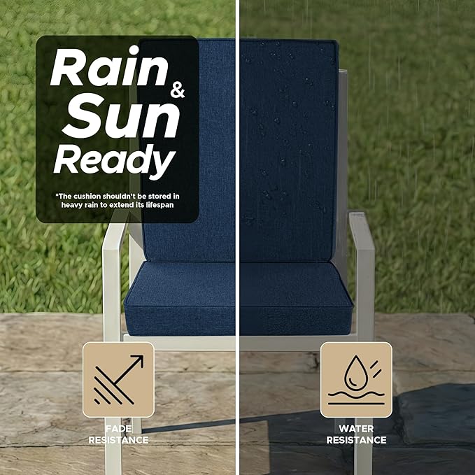 Outdoor Chair Cushions, Water-Resistant & Fade-Resistant, Patio Furniture Lawn Dining Chair Seat Replacement with Mid Back, Ties Zipper, Removable Cover, 18 x 16.5 Inch, Set of 1, Navy Blue