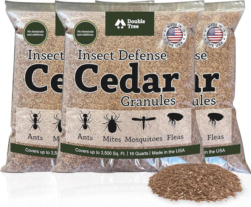 Double Tree Home and Garden Cedar Granules | Repels Fleas, Ticks, Ants, and Mosquitos | Rich Cedar Scent | Non Toxic | Pet Safe | 3 Bags (48 Quarts)