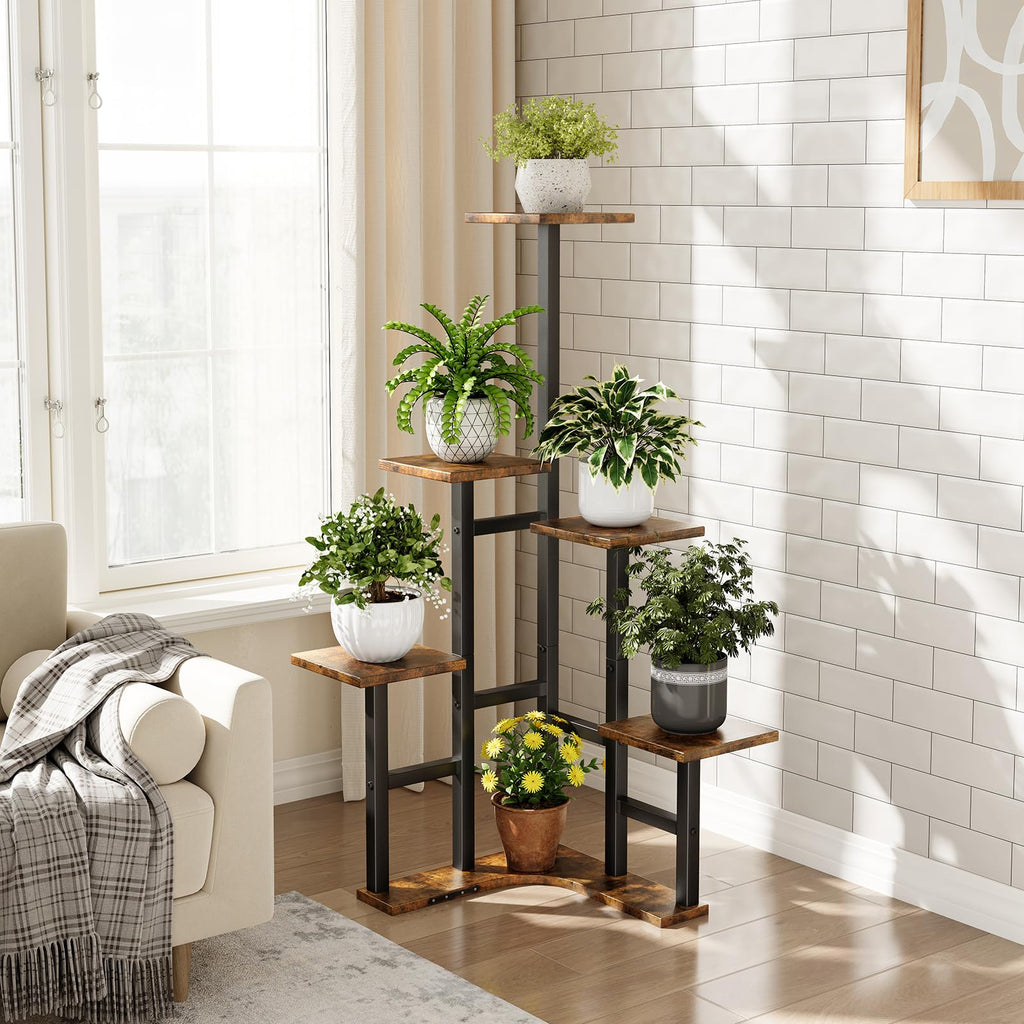Yzosvki Corner Plant Stand Indoor, 6 Tiered Corner Plant Shelf Flower Stand for Multiple Plants, Plant Shelves Organizer Rack for Living Room, Balcony, Patio, Garden, Square Rustic Brown