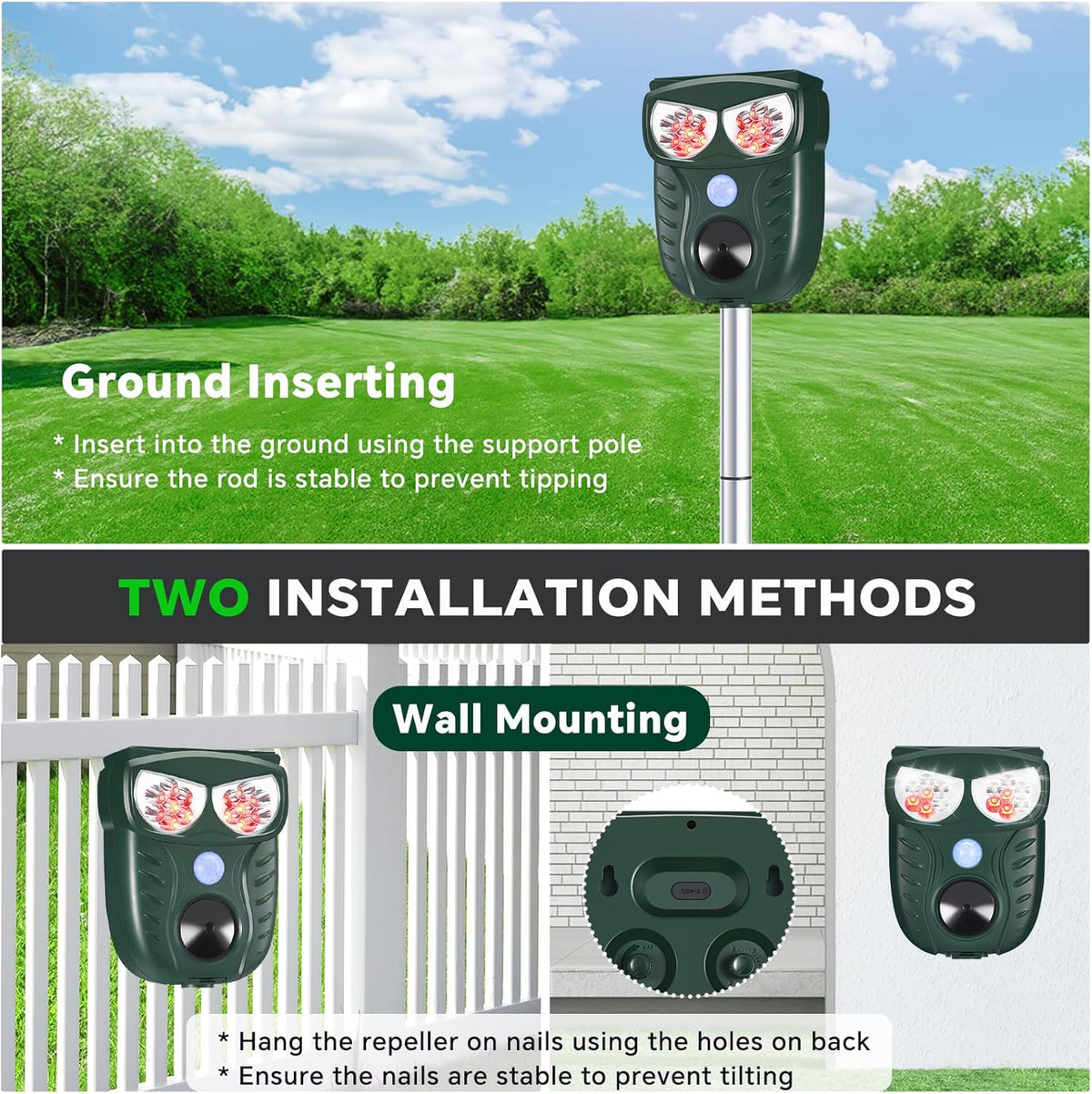 Solar Ultrasonic Animal Repellent Outdoor, Cat Squirrel Raccoon Dog Deer Repellent Device with Motion Detection, IP66 Waterproof Mouse Skunk Rodent Deterrent