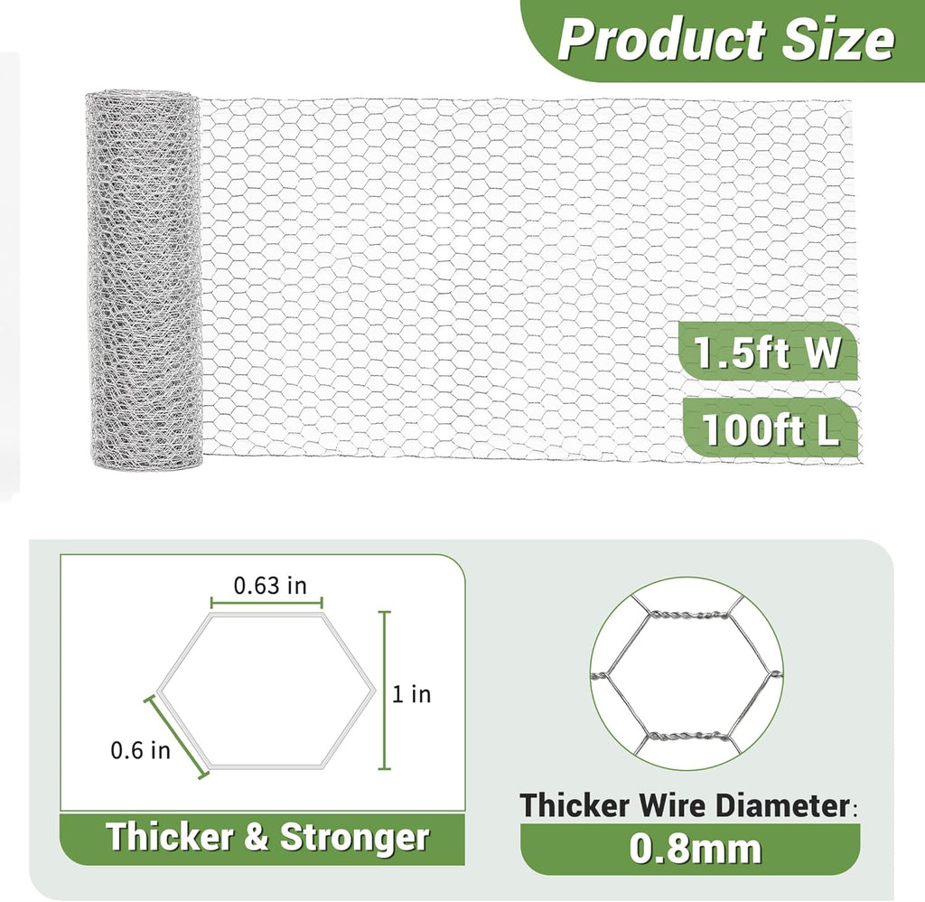 Chicken Wire Fencing Mesh, Galvanized Hexagonal Floral Chicken Wire, Outdoor Anti-Rust Chicken Wire Poultry Netting for Garden Fence (1.5 ft x 100 ft, Hot-Dipped)