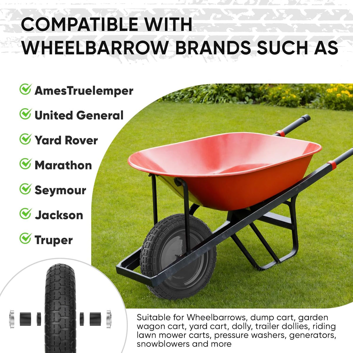 TICONN 4.80/4.00-8 Tire, 14.5" Flat Free Wheelbarrow Tire and Wheel, Solid Replacement Tires, 5/8" 3/4" Bearings, Universal Fit 4.80/4.00-8, 3.50/3.00-8, 4.00-6 (14.5" Black, 2PK)