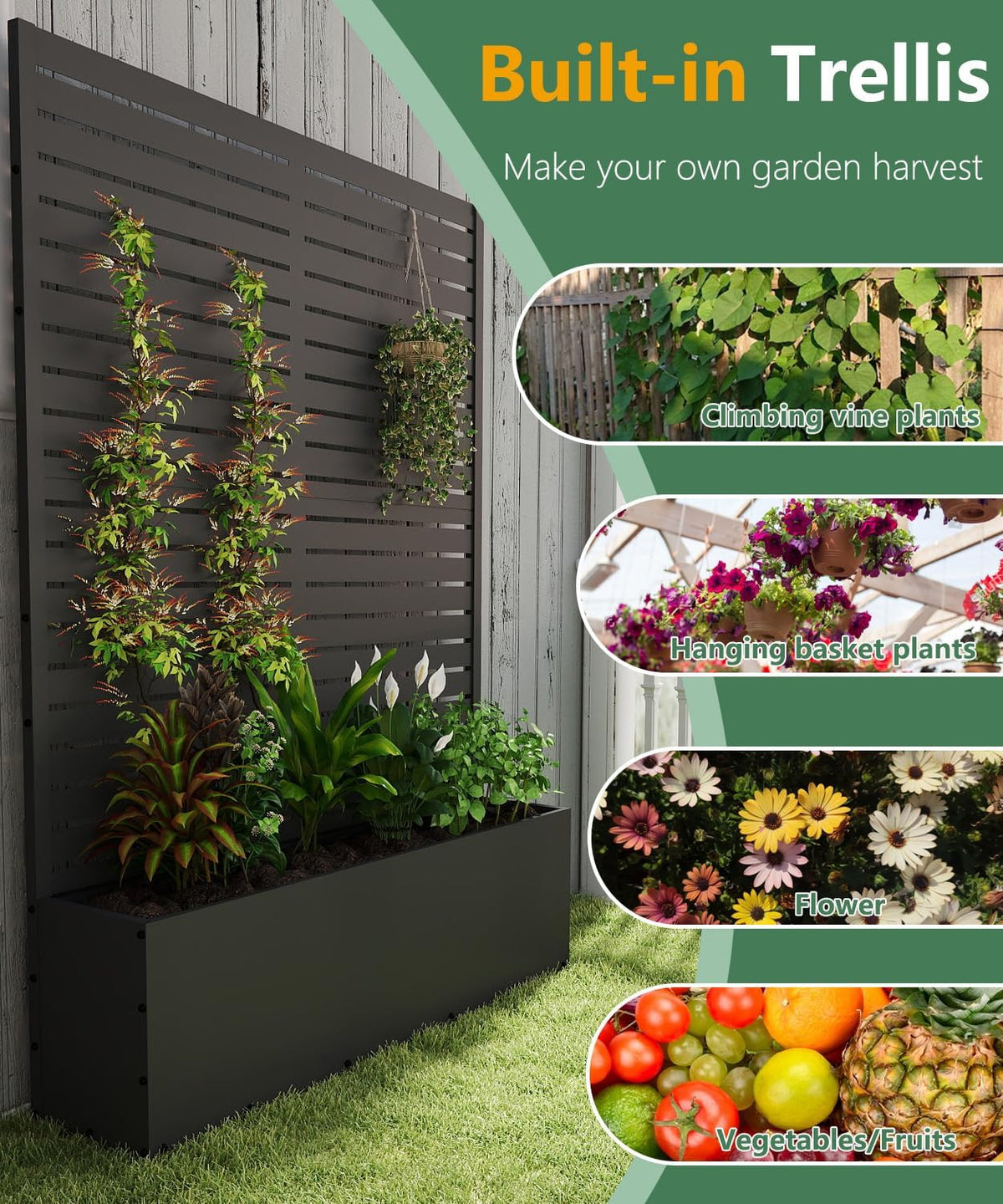 2PCS Metal Planter Box with Trellis,70.9"x47.2"x15.7" Raised Garden Bed with Drainage Holes, Privacy Planters for Outdoor, Garden Bed for Climbing Plants,Vegetables,and Vines, Black-louvered