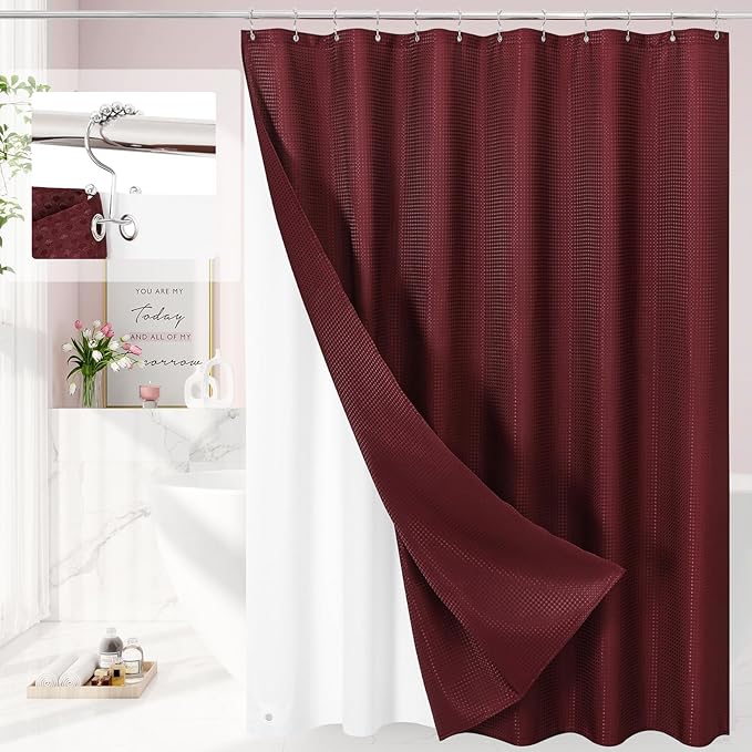 3 in 1 Extra Long Burgundy Shower Curtain Set-72 W x 84 H, Modern Waffle and PEVA Liner Set with 12 Stainless Steel Hooks, Waterproof Fabric for Bathroom