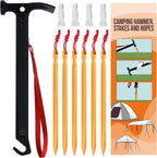 Eurmax USA Hiking Camping Tent Stakes and Hammer Set Lightweight Multi-Function Tent Hammer with Tent Stake Remover,Tent Pegs for Camping, Hiking, Backpacking, Gardening(Gold Stakes)