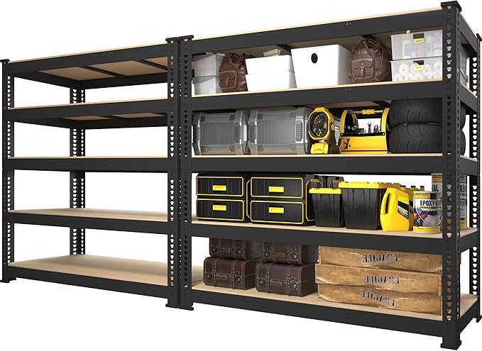 PrimeZone 48" W x 18" D x 72" H Garage Shelving Heavy Duty - Adjustable Metal Storage Shelves, 5 Tier Industrial Shelving Unit, Utility Shelf Rack for Basement, Warehouse, Pantry, Closet, Black, 2Pack