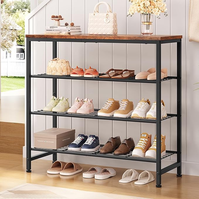 usikey 4-Tier Shoe Rack, Industrial Shoe Storage Organizer for 9-12 Pairs of Shoes, Metal Shoe Shelf with Wooden Top, Shoe Stand with 3 Metal Shelves for Entryway, Hallway, Closet, Rustic Brown