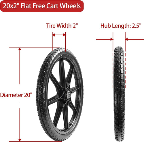 (2 PACK) 20" Flat Free Cart Wheels Compatible with rubbermaid Wheelbarrow Wheels,20x2" Flat Free Tires for Lawn Mower, Garden Cart- 3/4" Bearing,Hub Length 2.5", Black
