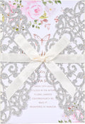 50Pcs Sliver Glitter Wedding Invitations with Envelopes and Rsvp Cards Ribbons Laser Cut Invitation Blank Inner Sheet Pearl Paper Tarjetas de Invitación Para Boda XV Anos Quinceañera Wedding Invite