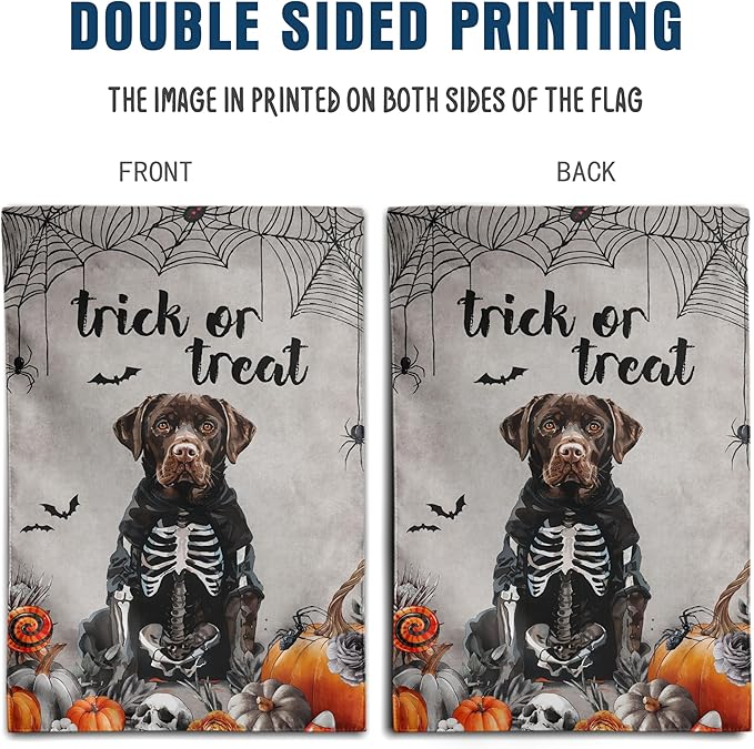 Halloween Chocolate Lab Garden Flag Trick or Treat Yard Flag Ghost Labrador Dog Garden Flags for Outside 12x18 Double Sided Mini Skeleton Halloween Decor Outdoor Lawn Welcome Flag