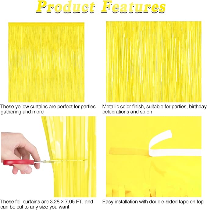 2 Pack Backdrop Curtains, 3.28 FT x 7.05 FT Yellow Color Tinsel Backdrop, Metallic Foil Backdrop Fringe Curtains Party Streamer, Party Decorations Photo Backdrop for Birthday