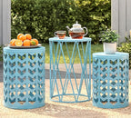 Y&M Set of 3 Stacking Coffee Table for Living Room, Patio Side Table,Indoor End Tables for Bedroom, Outdoor Decorative Garden Stool with Heavy Duty Metal Frame Modern Industrial Decor - Light Blue