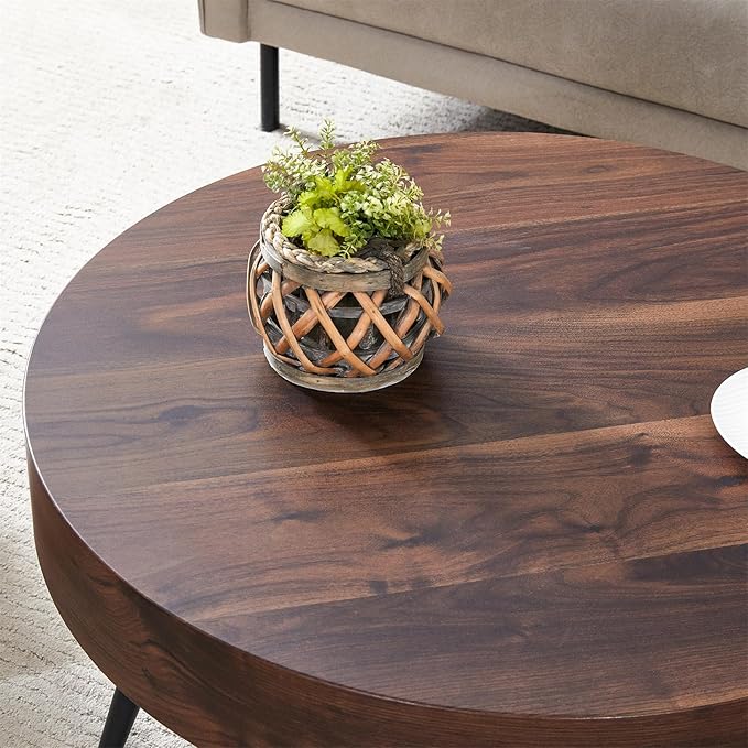 31.5'' Round Coffee Table for Living Room, Wood Texture Table Top, Black Metal Table Legs Tea Table for Dining Room Apartment Small Space (Black,Walnut)