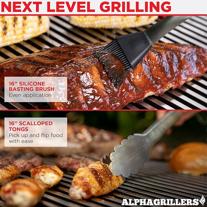 Alpha Grillers Grilling Accessories - BBQ Accessories Grill Gifts for Men Dad Him Husband Son Boyfriend Birthday - Barbecue Grilling Tools Utensils Set with Spatula, Fork, Brush, Tongs Kit