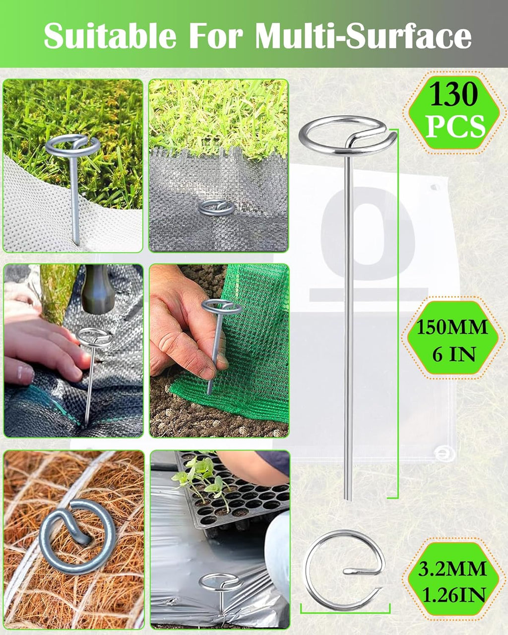 130 PCS Landscape Fabric Pins + Pick Hook, 6-Inch Galvanized Circle Top Landscape Staples - Steel Weed Barrier Stake, Grip Than U-Shape Yard Staples, Garden Stakes for Plant Cover, Lawn, Fence, Ground