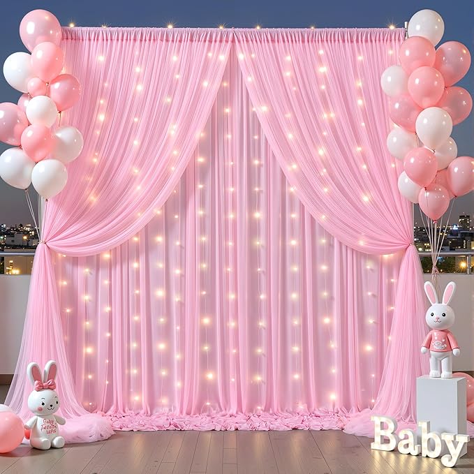 Baby Pink Tulle Backdrop Curtain for Parties Wedding,5ft x 10ft Wrinkle Free Curtain Backdrop,2 Layer Drapes for Backdrop,Polyester Back Drop for Bridal Shower Birthday Baby Shower Photography