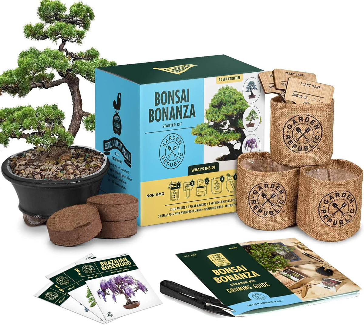 Garden Republic Bonsai Tree Kit - Grow 3 Mini Bonsai Trees, Indoor Plant Growing - Starter Kit with Seeds, Soil, Planters & Shears, Gardening Gifts for Women, Fathers Day Gardening Gifts
