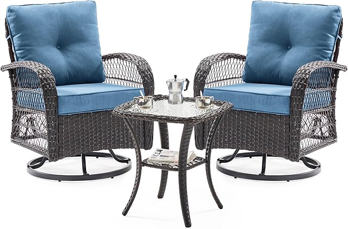 UDPATIO Patio Furniture Set 360 Swivel Chair 3 Piece Patio Set Wicker Outdoor Chair with Coffee Table for Yard, Bistro, Balcony, Blue