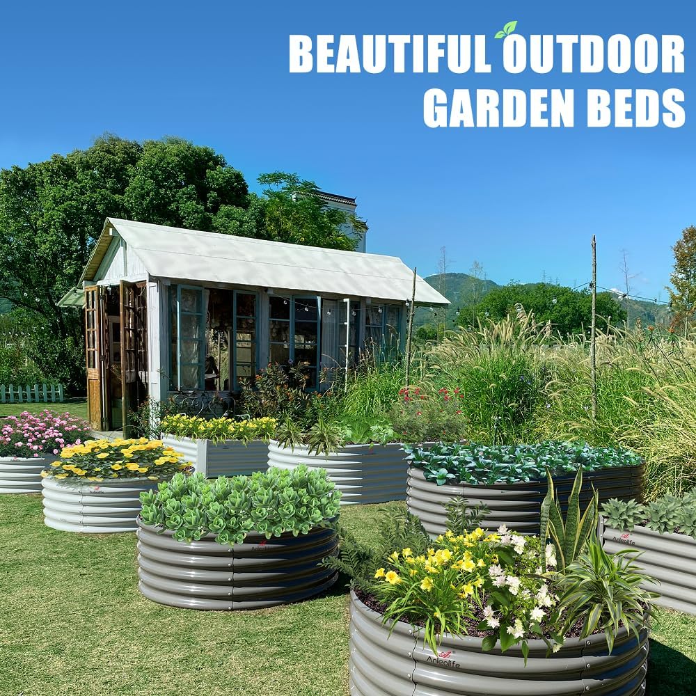 A ANLEOLIFE 4-Pack 6X3X2ft & 8X4X2ft Deep Root Galvanized Raised Garden Beds Outdoor for Planting Vegetables Flowers Herb, Quartz Grey